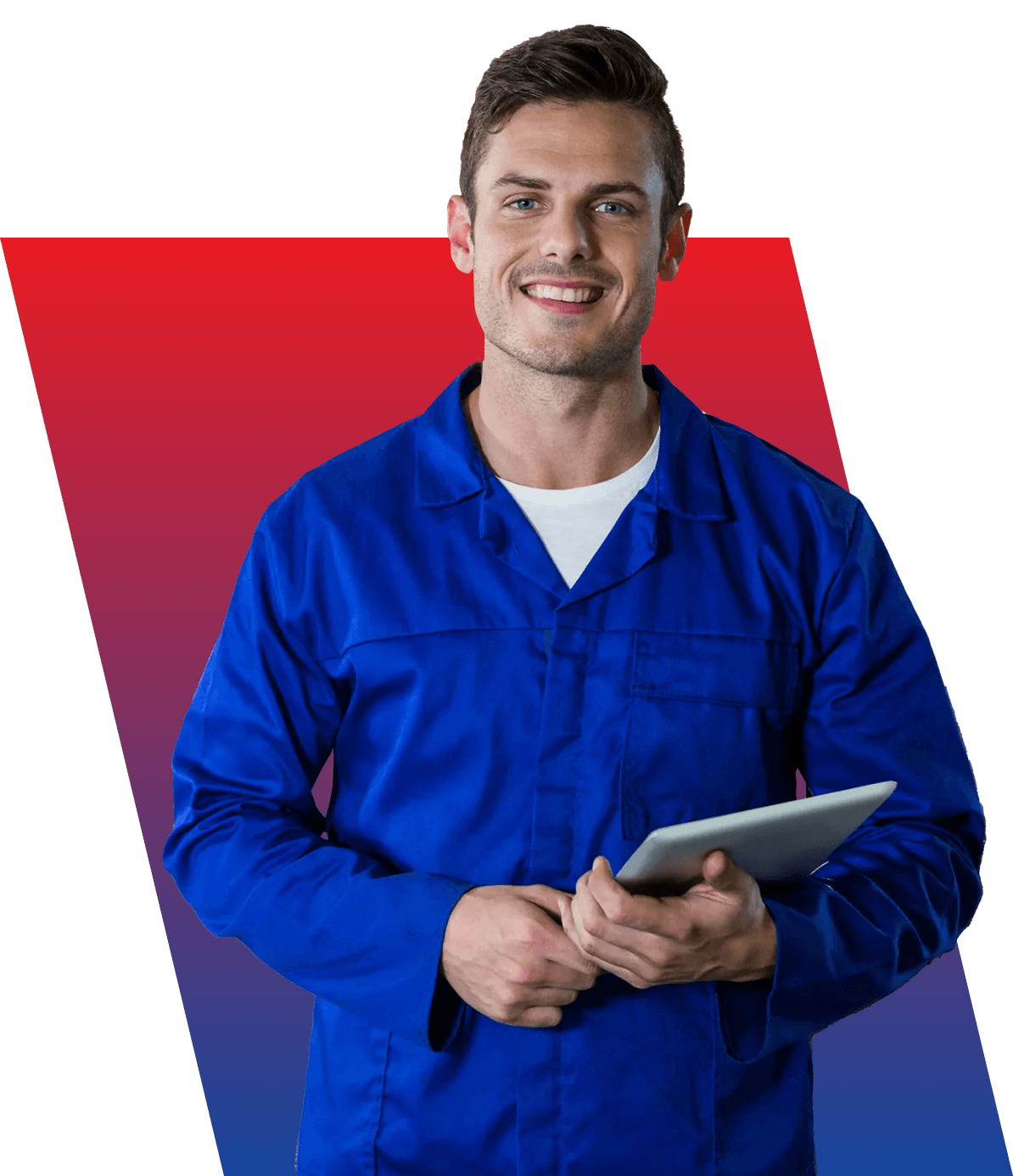 Smiling mechanic holding a tablet.